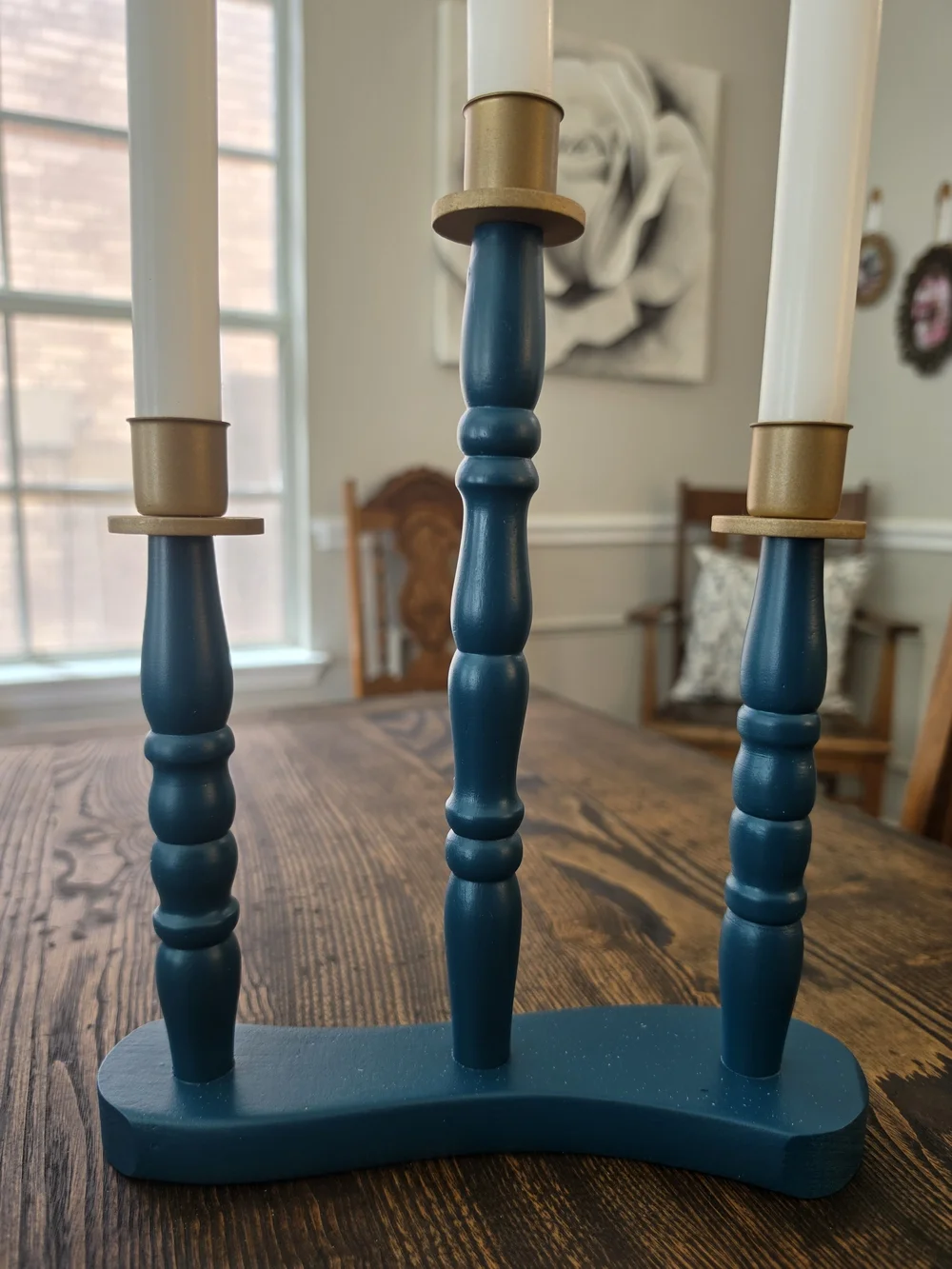 Deep Teal Blue Wood 3-Arm Taper Candle Candelabra Centerpiece Gold Metal Cups